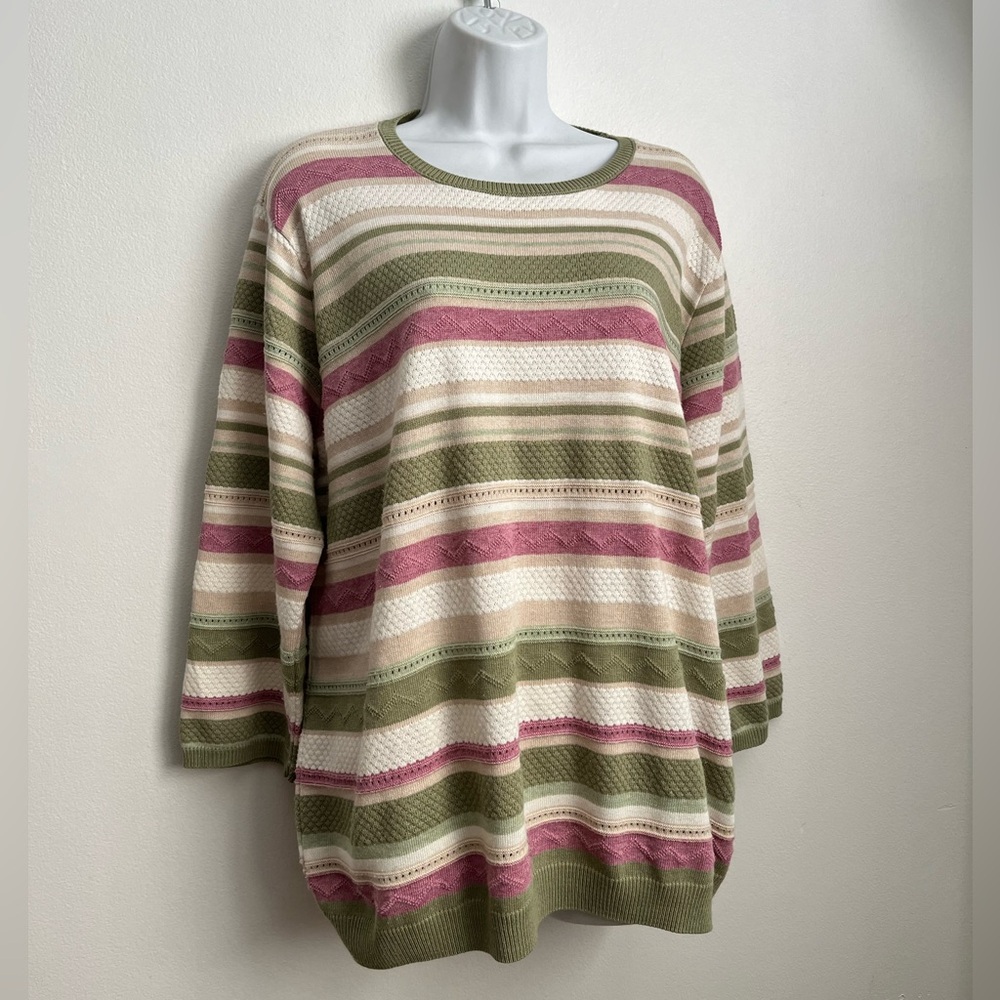 Alfred Dunner Pink and Green Stripe Costal Knit Sweater